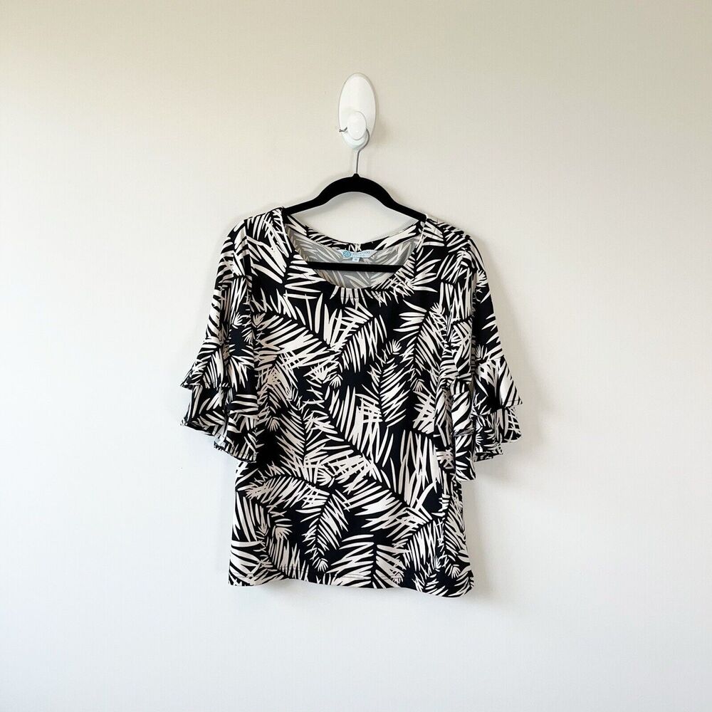Escapada Living Palm Print Bell Sleeve Blouse Stretchy Cream Black Size Medium